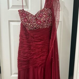 JVN by Jovani One Shoulder Burgundy Dress